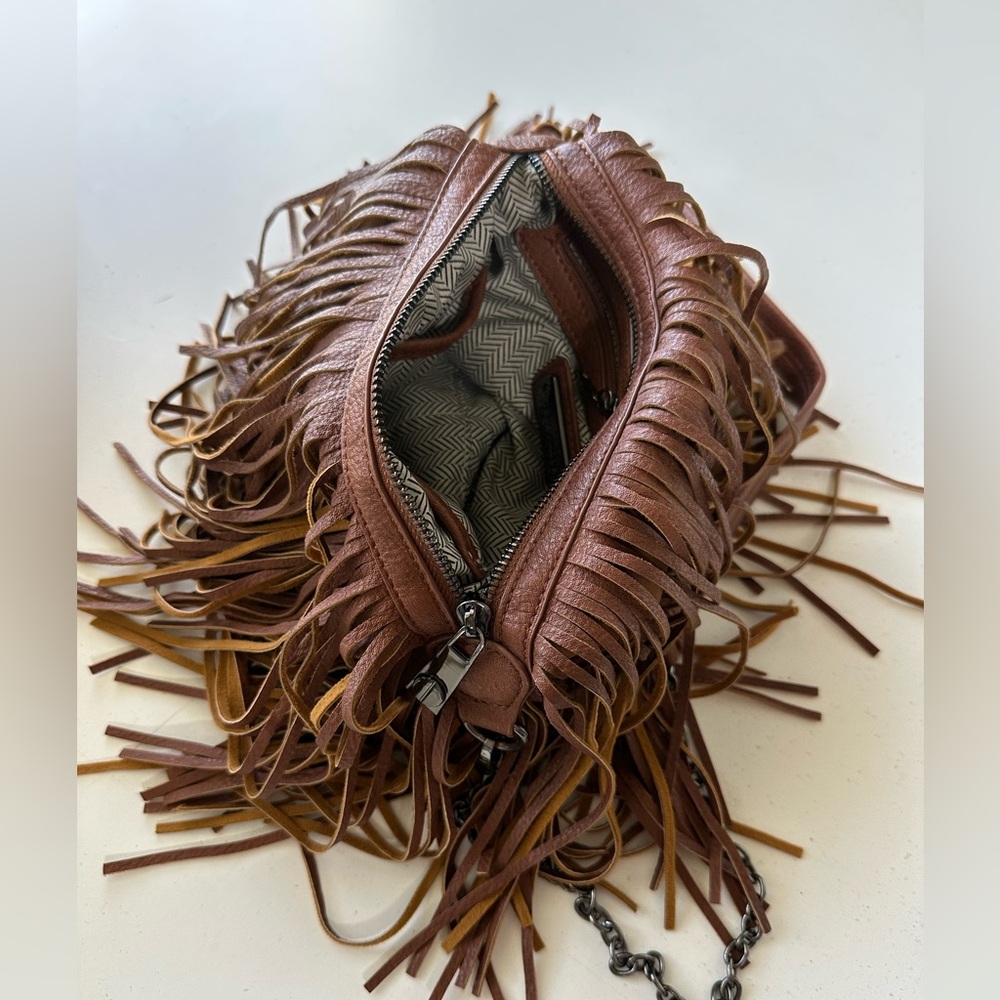 Steve Madden Brown Fringe Crossbody Bag with Chain Strap - Picture 3 of 8